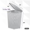 imageDesigned Corner Laundry Hamper with Lid Curved Plastic Laundry Basket Triangle White Cloths Hamper Organizer with Cutout Handles for Laundry Room Bedroom Bathroom Wicker Design 50 LiterWhite Smoke