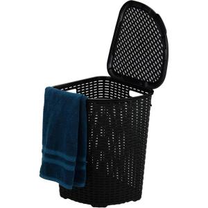 imageDesigned Corner Laundry Hamper with Lid Curved Plastic Laundry Basket Triangle White Cloths Hamper Organizer with Cutout Handles for Laundry Room Bedroom Bathroom Wicker Design 50 LiterBlack