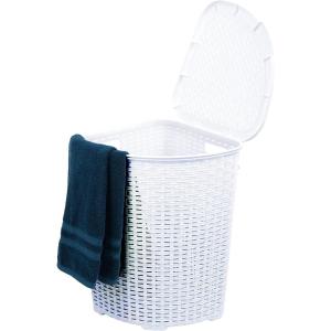 imageDesigned Corner Laundry Hamper with Lid Curved Plastic Laundry Basket Triangle White Cloths Hamper Organizer with Cutout Handles for Laundry Room Bedroom Bathroom Wicker Design 50 LiterWhite