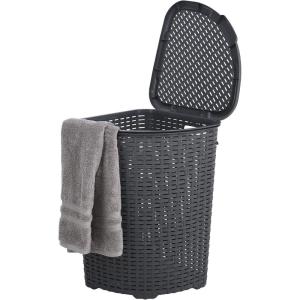 imageDesigned Corner Laundry Hamper with Lid Curved Plastic Laundry Basket Triangle White Cloths Hamper Organizer with Cutout Handles for Laundry Room Bedroom Bathroom Wicker Design 50 LiterGrey