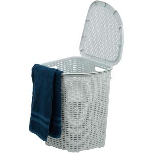 imageDesigned Corner Laundry Hamper with Lid Curved Plastic Laundry Basket Triangle White Cloths Hamper Organizer with Cutout Handles for Laundry Room Bedroom Bathroom Wicker Design 50 LiterWhite Smoke