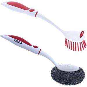 imageDish Washing Vegetable Brush Scrubber with Stainless Steel Grill Brush Scourer Sponge Brush Set with Long Handle and Rubber Grip NonScratch Kitchen Cleaning Set 2 Pack Red