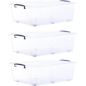 imageSuperio Under Bed Storage Containers with Wheels 3 Pack Flat Clear Storage Bin Stackable Large Storage Latch Box with Lids Store Cloths Bedding Linen For Under The Bed Garage Home42 Qt Under BedWheeled