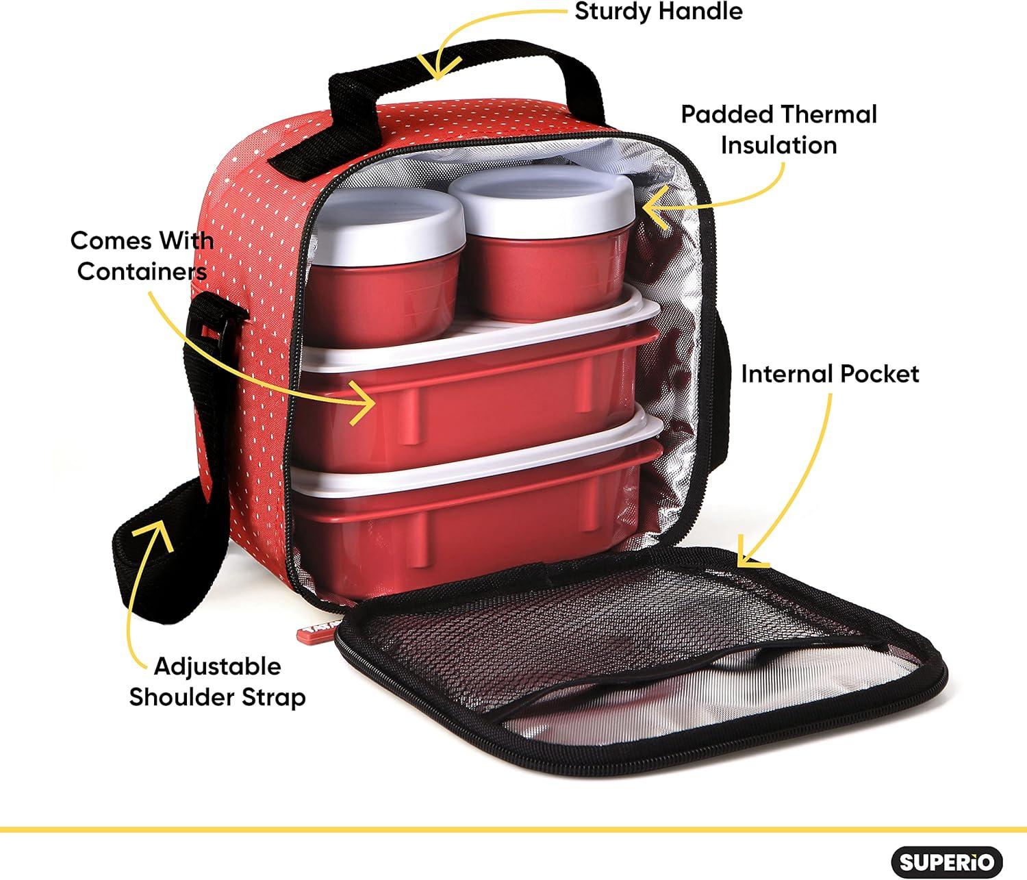 imageInsulated Lunch Bag with Containers Thermal Lined Lunch Box for MenWomen Reusable Leak Proof Containers for Work Travel and Beach Red Small Lunch Bag with Adjustable StrapRed