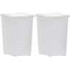image:imagePlastic Corner Laundry Hamper with Lid Curved Designed Laundry Basket 2 Pack Triangle Beige Cloths Hamper Organizer with Cutout Handles for Laundry Room Bedroom Bathroom Wicker Design 50 LiterWhite