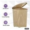 image:imagePlastic Corner Laundry Hamper with Lid Curved Designed Laundry Basket 2 Pack Triangle Beige Cloths Hamper Organizer with Cutout Handles for Laundry Room Bedroom Bathroom Wicker Design 50 LiterBeige