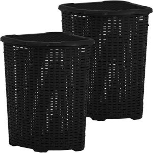 image:imagePlastic Corner Laundry Hamper with Lid Curved Designed Laundry Basket 2 Pack Triangle Beige Cloths Hamper Organizer with Cutout Handles for Laundry Room Bedroom Bathroom Wicker Design 50 LiterBlack