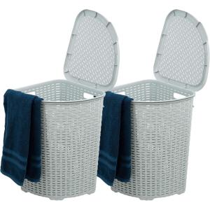 image:imagePlastic Corner Laundry Hamper with Lid Curved Designed Laundry Basket 2 Pack Triangle Beige Cloths Hamper Organizer with Cutout Handles for Laundry Room Bedroom Bathroom Wicker Design 50 LiterWhite Smoke