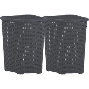 image:imagePlastic Corner Laundry Hamper with Lid Curved Designed Laundry Basket 2 Pack Triangle Beige Cloths Hamper Organizer with Cutout Handles for Laundry Room Bedroom Bathroom Wicker Design 50 LiterGrey