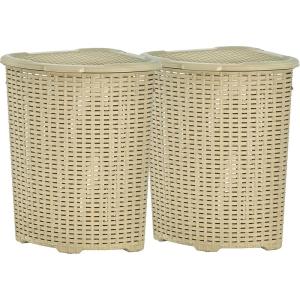 image:imagePlastic Corner Laundry Hamper with Lid Curved Designed Laundry Basket 2 Pack Triangle Beige Cloths Hamper Organizer with Cutout Handles for Laundry Room Bedroom Bathroom Wicker Design 50 LiterBeige