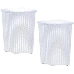 image:imagePlastic Corner Laundry Hamper with Lid Curved Designed Laundry Basket 2 Pack Triangle Beige Cloths Hamper Organizer with Cutout Handles for Laundry Room Bedroom Bathroom Wicker Design 50 LiterWhite