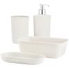 image:imageDecorative Plastic Bathroom Accessories Set Brown Set of 4 Soap Dish Liquid Dispenser Toothbrush Holder Cup Vanity Organizer Tray  Bath Accessory Countertop Decor Gift  Ribbed DesignWhite Smoke