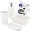 image:imageDecorative Plastic Bathroom Accessories Set Brown Set of 4 Soap Dish Liquid Dispenser Toothbrush Holder Cup Vanity Organizer Tray  Bath Accessory Countertop Decor Gift  Ribbed DesignWhite