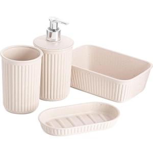 image:imageDecorative Plastic Bathroom Accessories Set Brown Set of 4 Soap Dish Liquid Dispenser Toothbrush Holder Cup Vanity Organizer Tray  Bath Accessory Countertop Decor Gift  Ribbed DesignEco
