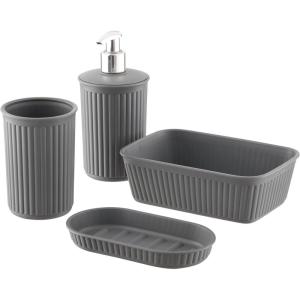 image:imageDecorative Plastic Bathroom Accessories Set Brown Set of 4 Soap Dish Liquid Dispenser Toothbrush Holder Cup Vanity Organizer Tray  Bath Accessory Countertop Decor Gift  Ribbed DesignGrey