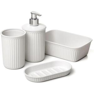 image:imageDecorative Plastic Bathroom Accessories Set Brown Set of 4 Soap Dish Liquid Dispenser Toothbrush Holder Cup Vanity Organizer Tray  Bath Accessory Countertop Decor Gift  Ribbed DesignWhite