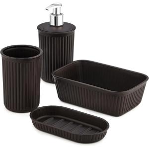 image:imageDecorative Plastic Bathroom Accessories Set Brown Set of 4 Soap Dish Liquid Dispenser Toothbrush Holder Cup Vanity Organizer Tray  Bath Accessory Countertop Decor Gift  Ribbed DesignBrown