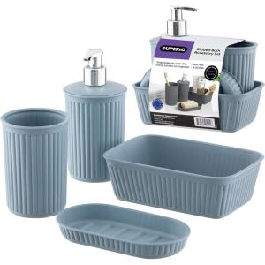 image:imageDecorative Plastic Bathroom Accessories Set Brown Set of 4 Soap Dish Liquid Dispenser Toothbrush Holder Cup Vanity Organizer Tray  Bath Accessory Countertop Decor Gift  Ribbed DesignBlue
