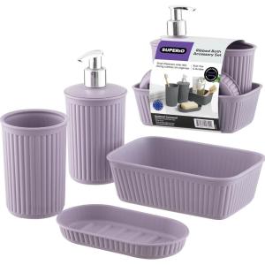 image:imageDecorative Plastic Bathroom Accessories Set Brown Set of 4 Soap Dish Liquid Dispenser Toothbrush Holder Cup Vanity Organizer Tray  Bath Accessory Countertop Decor Gift  Ribbed DesignLilac