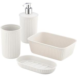 image:imageDecorative Plastic Bathroom Accessories Set Brown Set of 4 Soap Dish Liquid Dispenser Toothbrush Holder Cup Vanity Organizer Tray  Bath Accessory Countertop Decor Gift  Ribbed DesignWhite Smoke