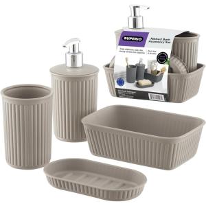 image:imageDecorative Plastic Bathroom Accessories Set Brown Set of 4 Soap Dish Liquid Dispenser Toothbrush Holder Cup Vanity Organizer Tray  Bath Accessory Countertop Decor Gift  Ribbed DesignTaupe