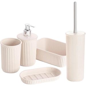 image:imageSuperio Ribbed Collection  EcoFriendly Decorative Plastic Bathroom Accessories Set Set of 5 Soap Dish Liquid Dispenser Toothbrush Holder Cup Vanity Organizer Tray Toilet Brush
