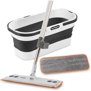 image:imageSuperio Fold N Go 10L Collapsible Mop Bucket with Wheels SelfWringing Microfiber Flat Mop amp 8x45 Reusable Pad  Portable HandsFree Cleaning Set for Home amp Outdoor Use