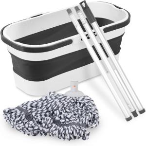image:imageSuperio String Microfiber Mop with 3Part Stainless Steel Handle amp 10L Fold N Go Collapsible Bucket with Wheels  HeavyDuty Floor Cleaning Set with Hanging Loop  Grey