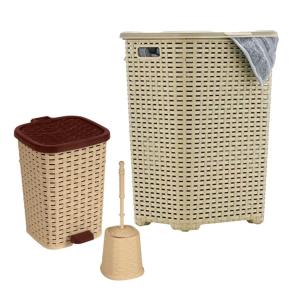 image:imageSuperio Wicker Bathroom Set  60L Laundry Hamper 12qt Step Trash Can Toilet Brush and Holder  Matching Toilet Set BasketWeave Design 3 Pack Beige