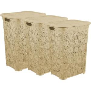 image:imageLaundry Hamper Basket With Lid 3 Pack Plastic Hamper Beige Tall Cloths Hamper Basket Organizer with Cutout Handles Space Saving for Laundry Room Bedroom BathroomLace Design 50 Liter