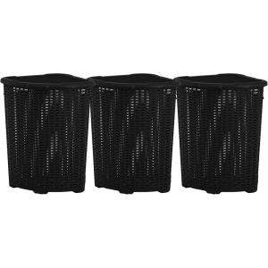 image:imagePlastic Corner Laundry Hamper with Lid Curved Designed Laundry Basket 3 Pack Triangle Black Cloths Hamper Organizer with Cutout Handles for Laundry Room Bedroom Bathroom Wicker Design 50 LiterBlack