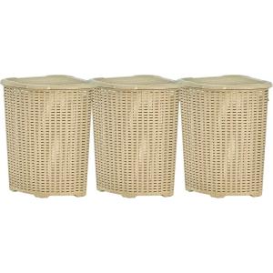 image:imagePlastic Corner Laundry Hamper with Lid Curved Designed Laundry Basket 3 Pack Triangle Black Cloths Hamper Organizer with Cutout Handles for Laundry Room Bedroom Bathroom Wicker Design 50 LiterBeige