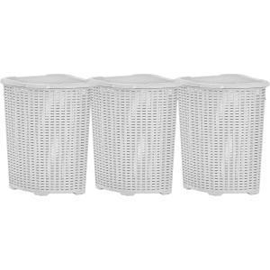 image:imagePlastic Corner Laundry Hamper with Lid Curved Designed Laundry Basket 3 Pack Triangle Black Cloths Hamper Organizer with Cutout Handles for Laundry Room Bedroom Bathroom Wicker Design 50 LiterWhite Smoke