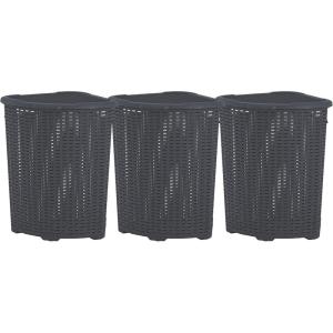 image:imagePlastic Corner Laundry Hamper with Lid Curved Designed Laundry Basket 3 Pack Triangle Black Cloths Hamper Organizer with Cutout Handles for Laundry Room Bedroom Bathroom Wicker Design 50 LiterGrey