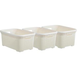 image:imagePlastic Laundry Basket Small Storage Hamper Basket 3 Pack Cream Cloths Basket Organizer with CutOut Handles Space Saving for Laundry Room Bedroom Bathroom Knit Design 40 Liter