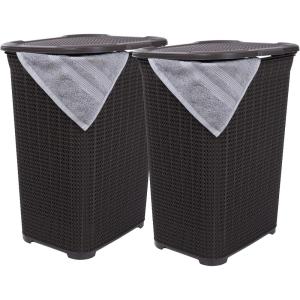image:imagePlastic Laundry Hamper with Lid 2 Pack Knit Designed Laundry Hamper Basket 50 Liter Brown Cloths Hamper Organizer with Cutout Handles Space Saving for Laundry Room Bedroom Bathroom