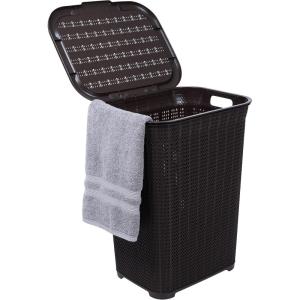 image:imagePlastic Laundry Hamper with Lid Knit Designed Laundry Hamper Basket 50 Liter Brown Cloths Hamper Organizer With CutOut Handles Space Saving For Laundry Room Bedroom BathroomBrown