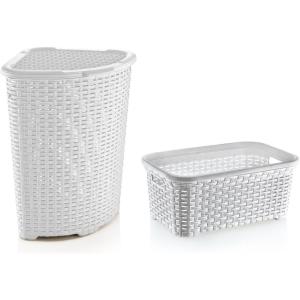 image:imageSuperior Performance Inc Rattan Wicker Style Laundry Set Corner Hamper and Basket White Base and Black Trim