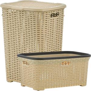image:imageSuperior Performance Inc Rattan Wicker Style Laundry Set Hamper and Basket Beige
