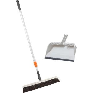 image:imageSuperio 18 Horse Hair Upright Broom with Telescopic Handle amp 16 Gray Dustpan with Comb Rubber Lip amp Clip  Narrow Thin Dust Broom for Dog Hair  Hardwood amp Tile Floor Cleaning Set  GrayGrayWhite