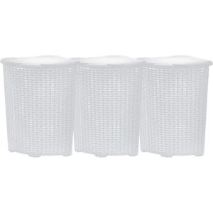 image:imagePlastic Corner Laundry Hamper with Lid Curved Designed Laundry Basket 3 Pack Triangle Brown Cloths Hamper Organizer with Cutout Handles for Laundry Room Bedroom Bathroom Wicker Design 50 LiterWhite