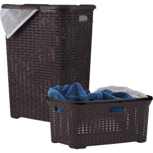 image:imageSuperio Laundry Hamper and Laundry Basket Set  Plastic Hamper with CutOut Handles and Lid Dirty Clothes Basket for Laundry Bathroom Bedroom Dorm Room 2 Pack Brown