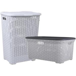 image:imageSuperio Laundry Hamper and Laundry Basket Set  Plastic Hamper with CutOut Handles and Lid Dirty Clothes Basket for Laundry Bathroom Bedroom Dorm Room 2 Pack White Smoke
