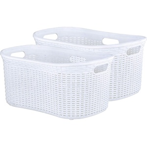 image:imageSuperio 2 Pack Wicker Laundry Basket Plastic with Cutout Handles 50 Liter Curved Bin 140 Bushel to Keep Dirty Cloths whitewhite